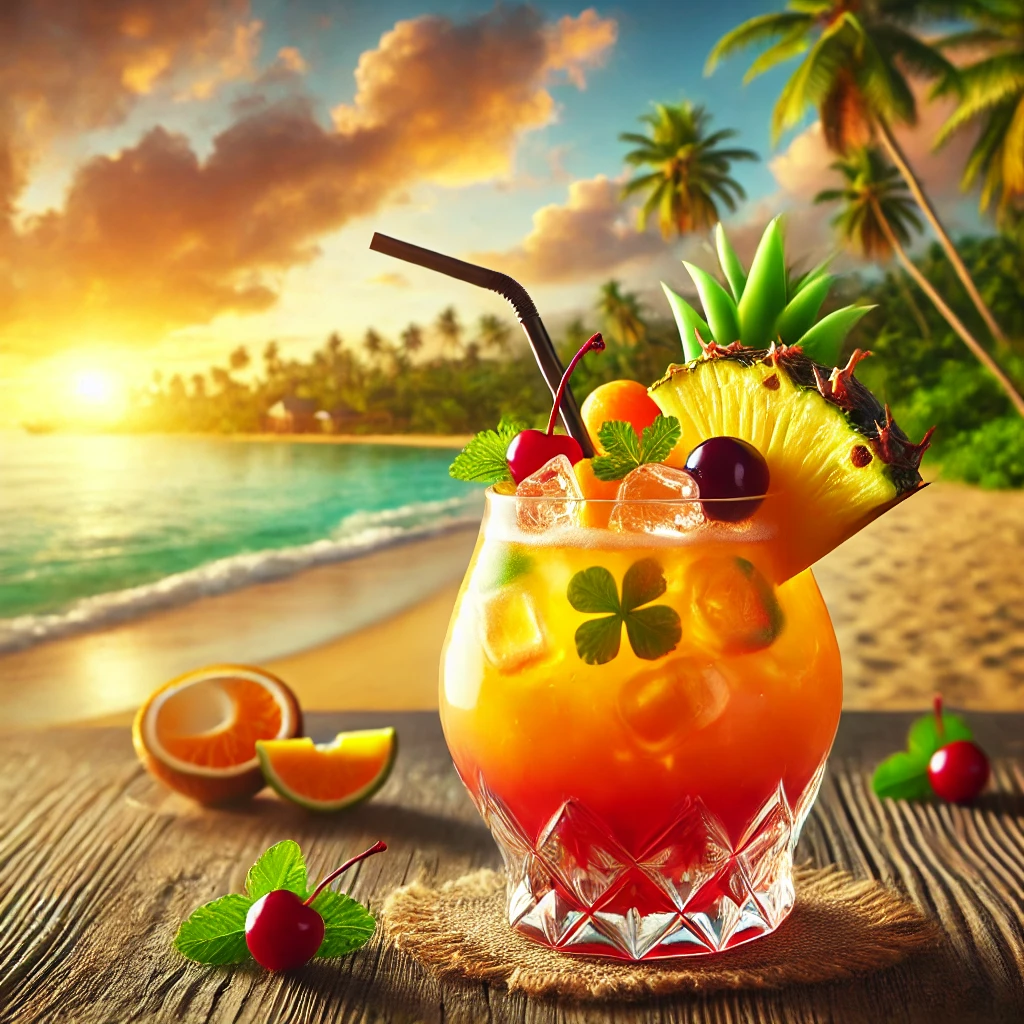 DALL·E 2025-02-21 20.15.47 - A refreshing cocktail punch served in an elegant glass on a tropical beach. The glass is beautifully garnished with fresh fruits like pineapple, orang