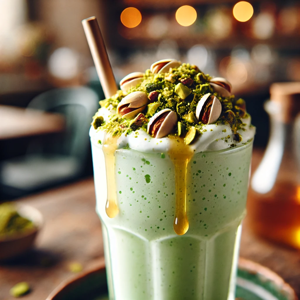 DALL·E 2025-04-02 19.31.46 - A delicious pistachio milkshake in a tall glass, topped with crushed pistachios and a drizzle of honey. The shake is creamy, light green in color, and